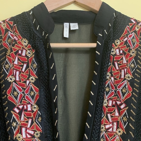 Cato | Black Embroidered Bead Adjustable Tassel Waist Kimono Sheer Tunic Top XS - Picture 12 of 17